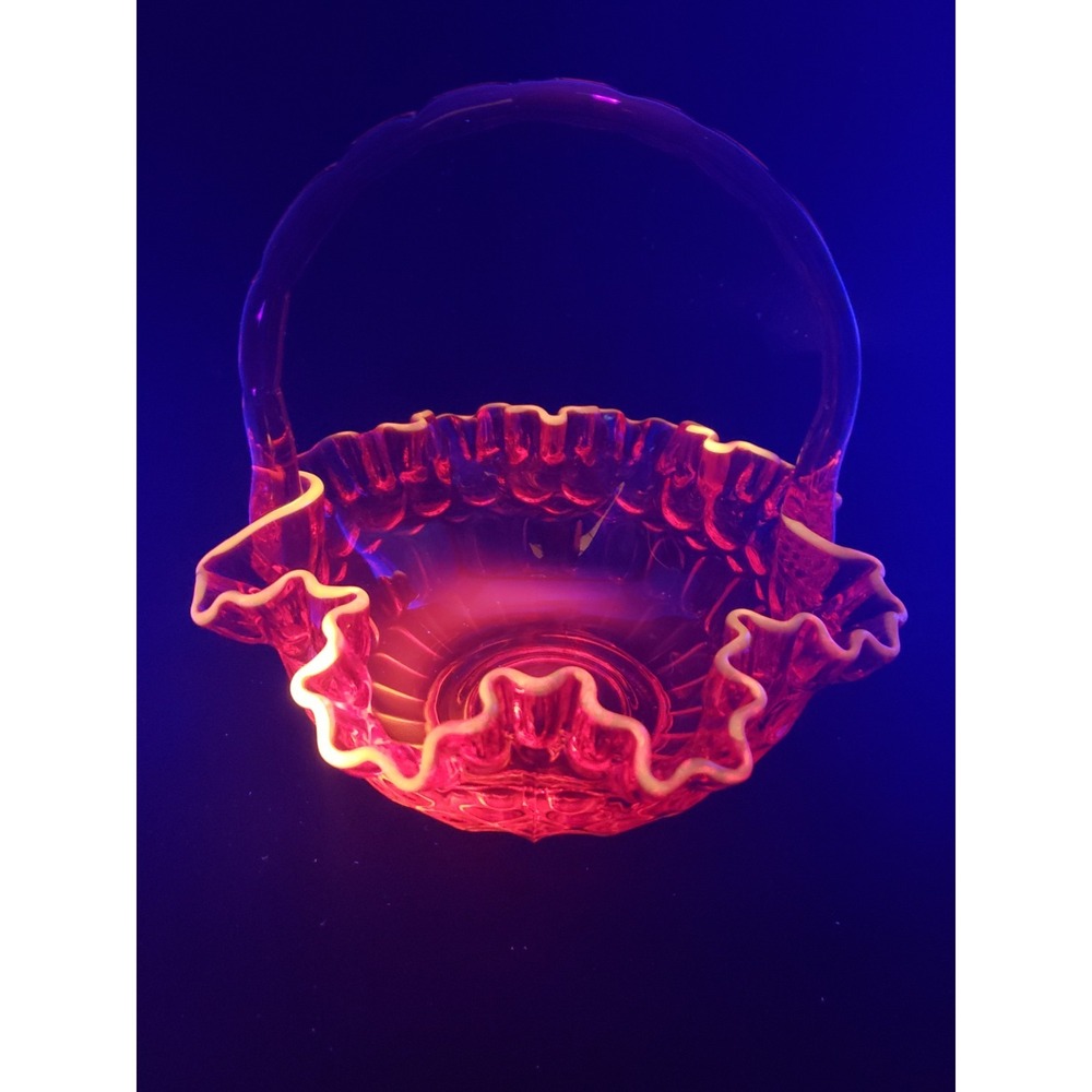 Vintage Fenton Amberina Glass Basket 8" Thumbprint Ron Bayles Marks Ruffled Rim